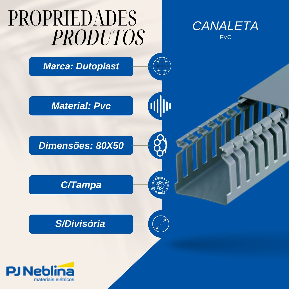 Canaleta Pvc Rec Aberto 80X50 (Br C/2M) Cz C/Tampa S/Divisória S/Adesivo - Dutoplast