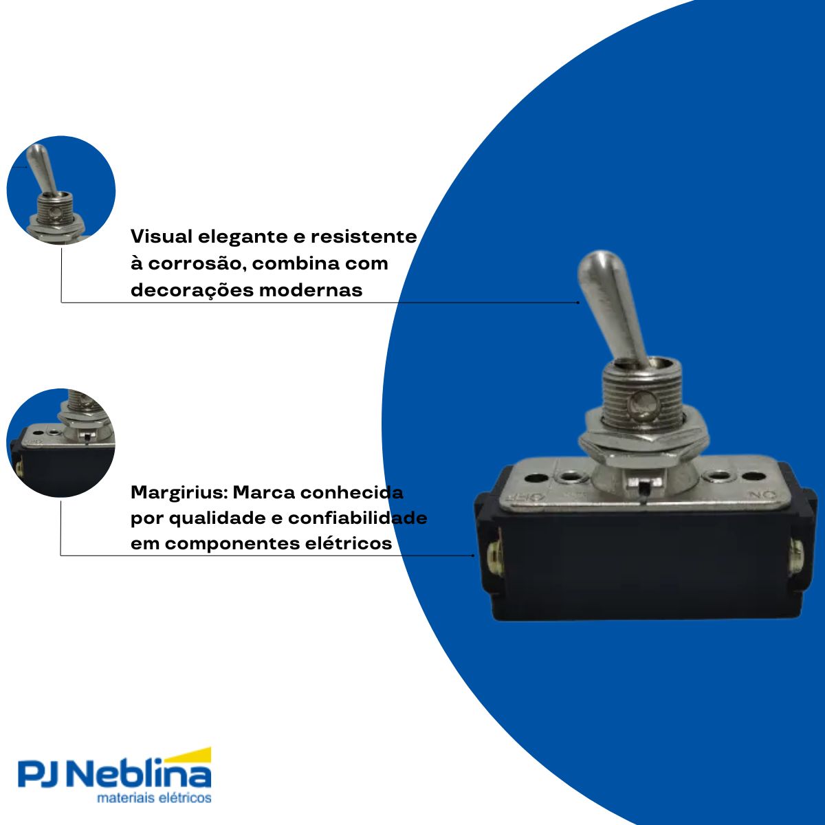 Chave Interruptor Alavanca Metálica Bipolar Liga/Desliga 10A 120V Cromada Standard Terminal Parafuso - Margirius