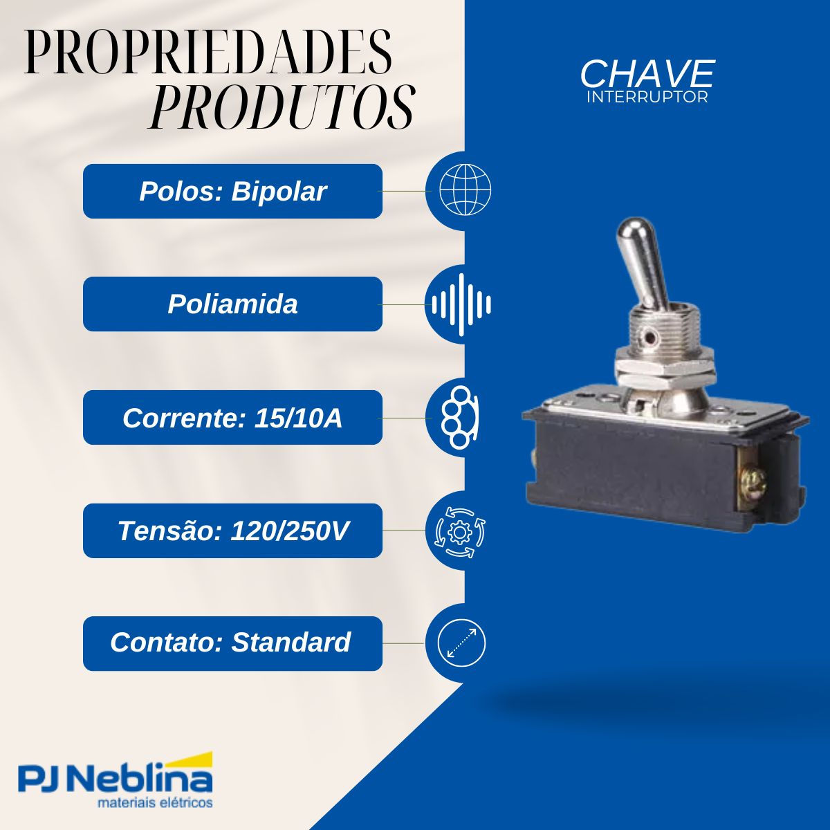 Chave Interruptor Alavanca Poliamida Bipolar Liga/Liga 15/10A 120/250V Pt Standard Terminal Parafuso - Margirius