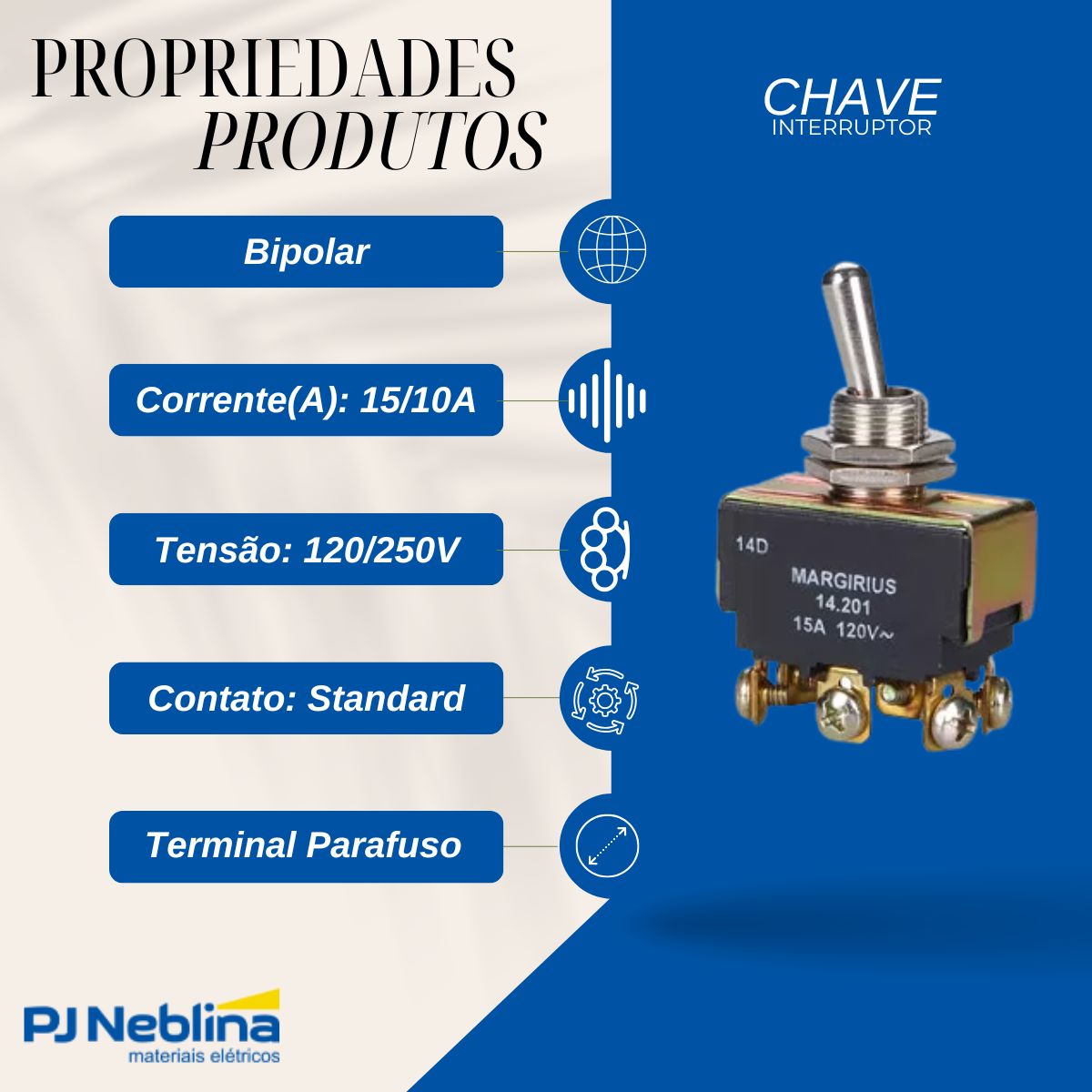 Chave Interruptor Alavanca Metálica Bipolar Liga/Desliga/Liga 15/10A 120/250V Cromada Standard Terminal Parafuso - Margirius
