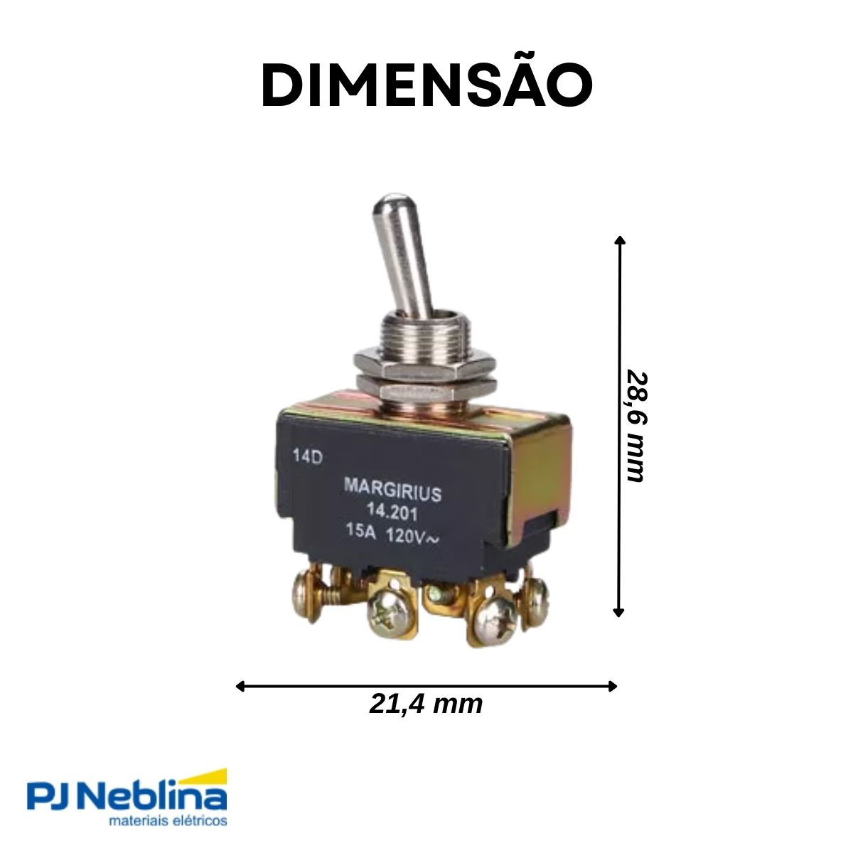 Chave Interruptor Alavanca Metálica Bipolar Liga/Desliga/Liga 15/10A 120/250V Cromada Standard Terminal Parafuso - Margirius