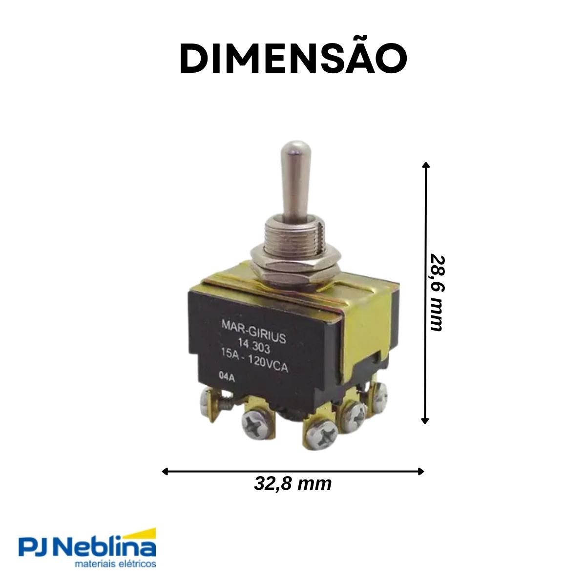 Chave Interruptor Alavanca Metálica Tripolar Liga/Desliga 15/10A 120/250V Cromada Standard Terminal Parafuso - Margirius
