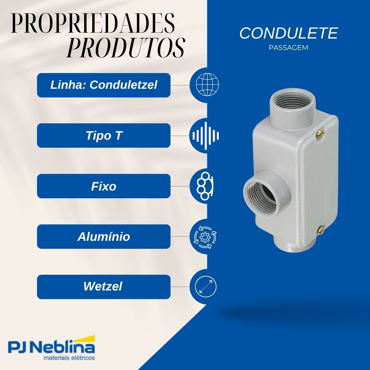 Condulete Alumínio Fixo Tipo T 1.1/2 C/Rosca Bsp C/Pintura Cz C/Tampa C/Vedação Tgvp (Ip54) - Wetzel