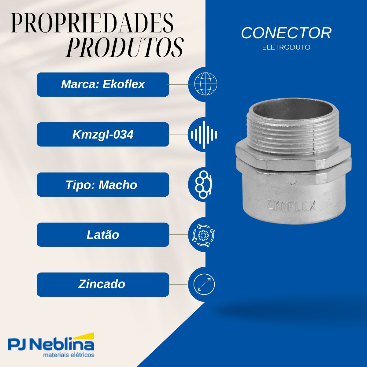 Conector Eletroduto Macho Latão Zincado 3/4 Bsp Reto Giratório - Ekoflex