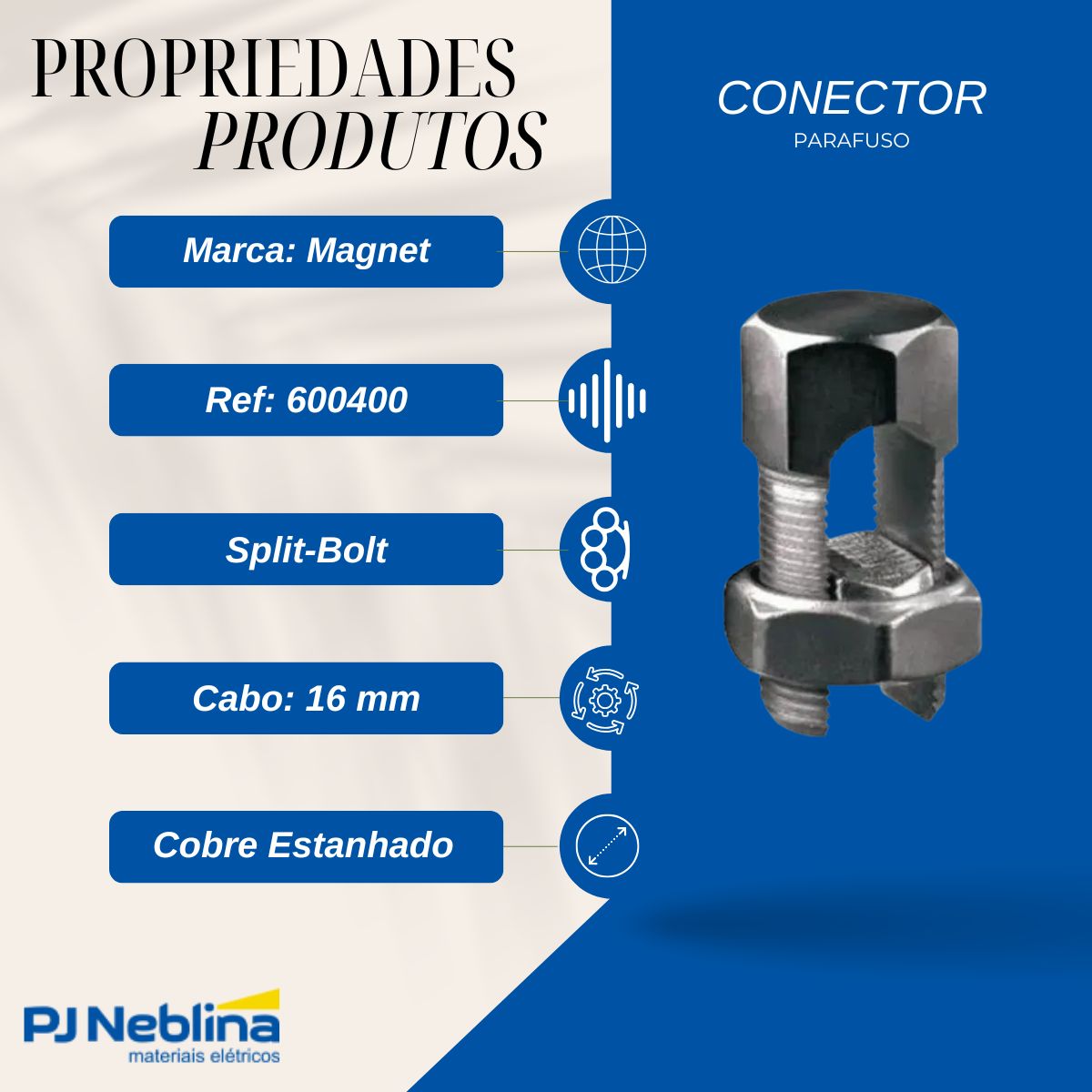 Conector Parafuso Fendido Split-Bolt Simples 16Mm Cobre Estanhado - Magnet