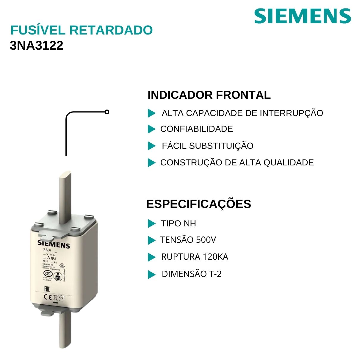 Fusível Nh Hrc Retardado Gg/Gl 250A 500V 120Ka T-2 Indicador Frontal 3NA3244 - Siemens