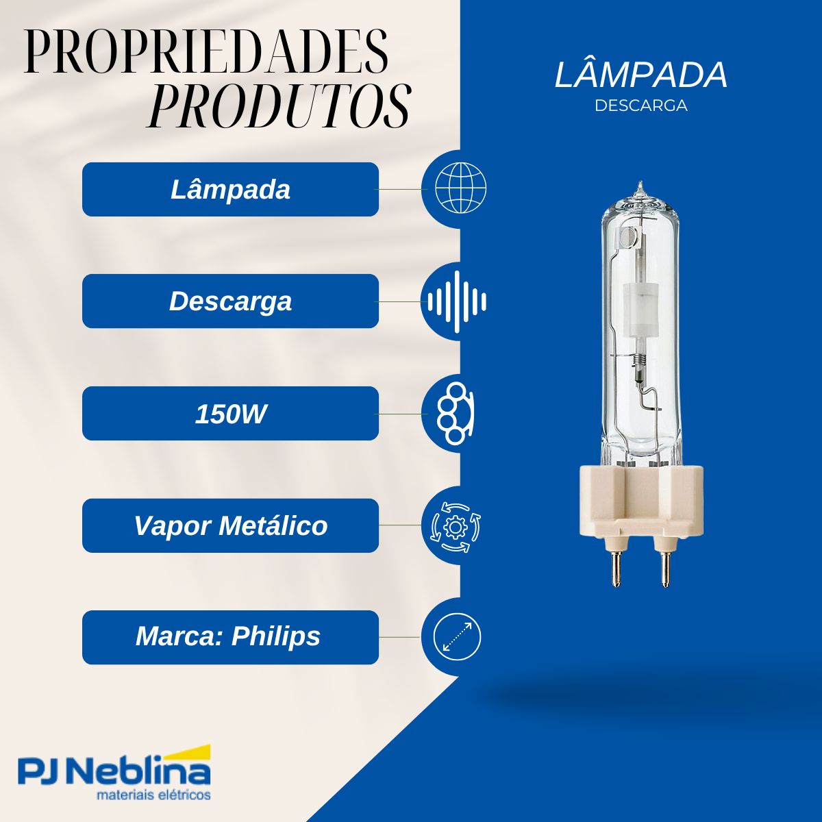 Lâmpada Vapor Metálico Tubular 150W 2 Pinos G12 3000K Branco Quente - Philips