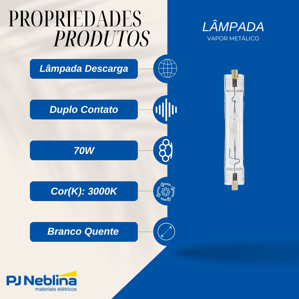 Lâmpada Vapor Metálico Duplo Contato 70W Rx7S 3000K Branco Quente 119,63Mm - Philips