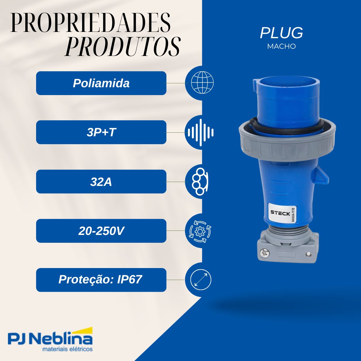 Plug Macho Móvel Prova D'água Poliamida 3P+T 32A 20-250V Az 9H Ip67 - Steck