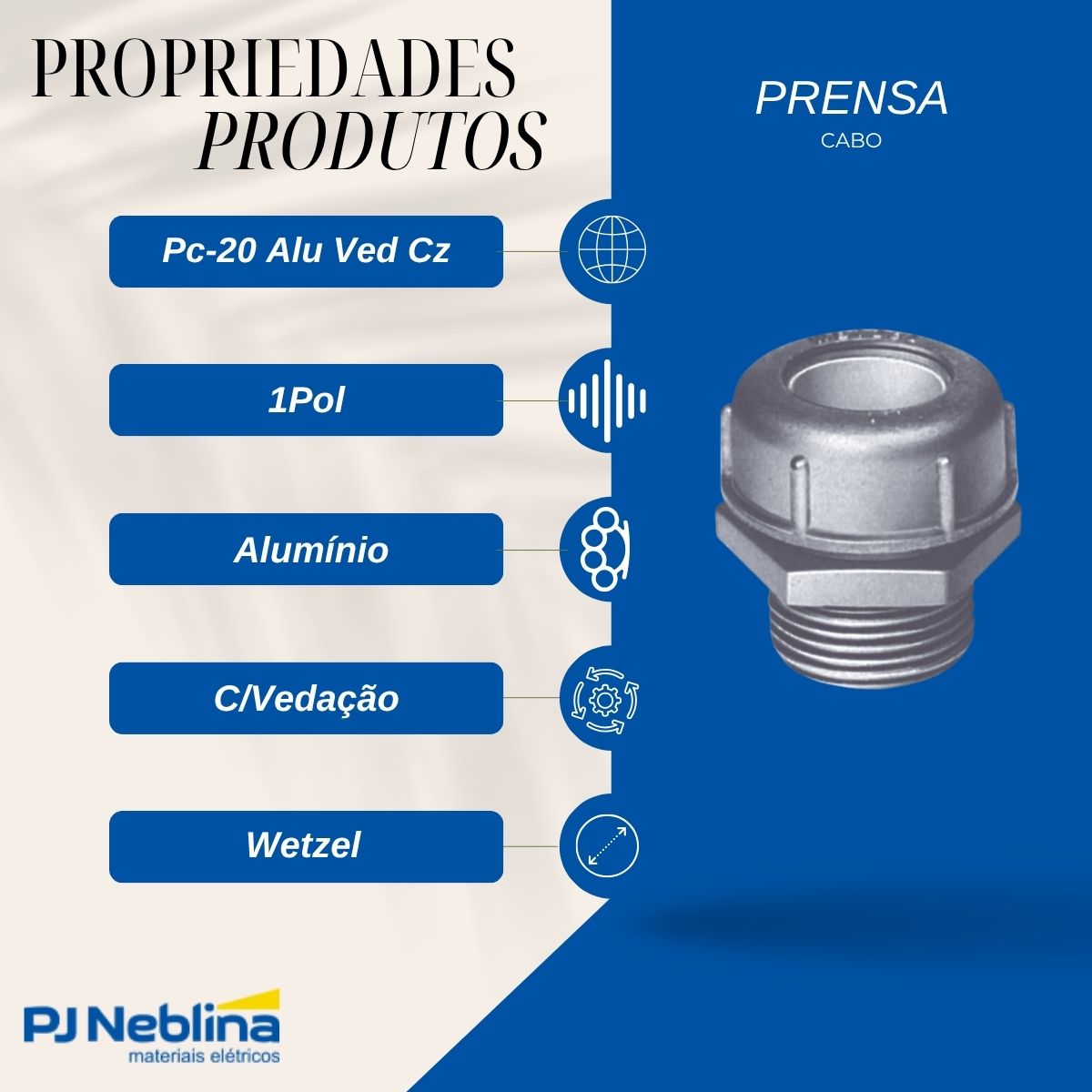 Prensa Cabo 1Pol 22,5-25Mm Bsp Alumínio Cinza C/Vedação Ip52 - Wetzel