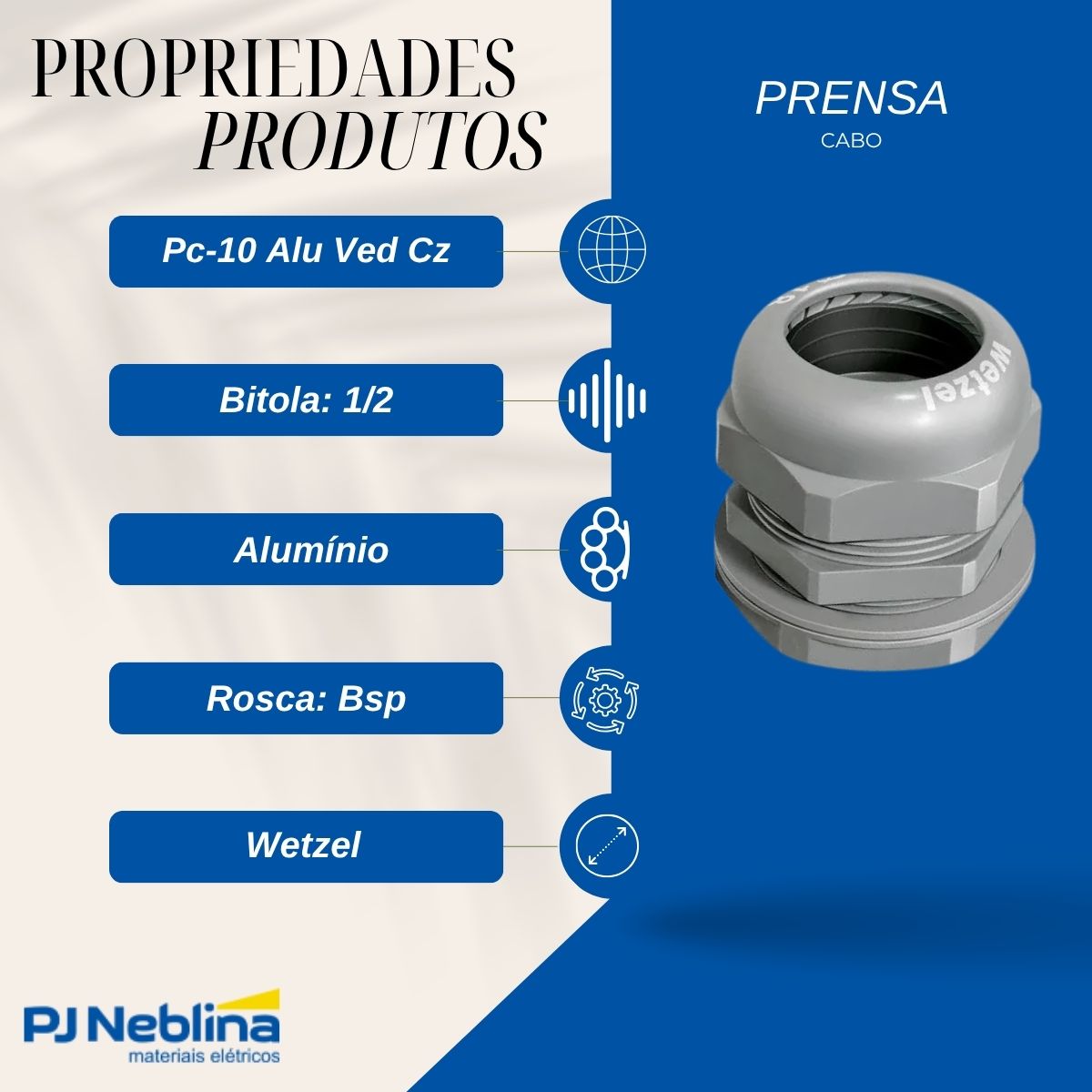 Prensa Cabo 1/2 12,5-15Mm Bsp Alumínio Cinza C/Vedação Ip52 - Wetzel