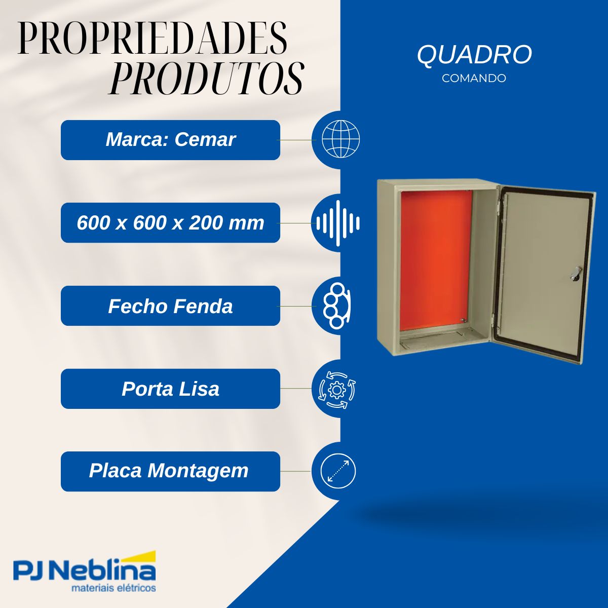 Quadro Comando Sobrepor Aço Carbono Bg (Ral 7032) 600X600X200Mm Fecho Fenda Flange Porta Lisa Placa Montagem Lr (Ral 2004) - Cemar