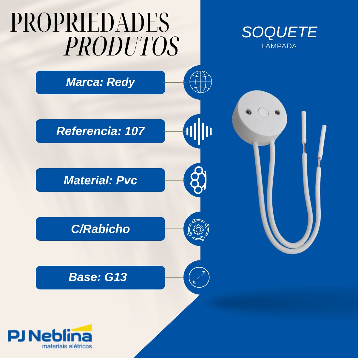 Soquete Lâmpada Pvc C/Rabicho P/Lâmpada Fluorescente G13 Branco - Redy