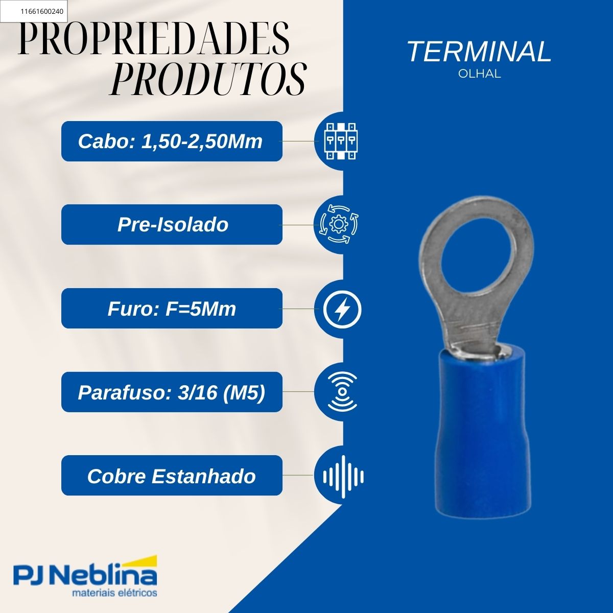 Terminal Olhal 1,50-2,50mm (16-14awg) Pre-isolado Az 1 Furo