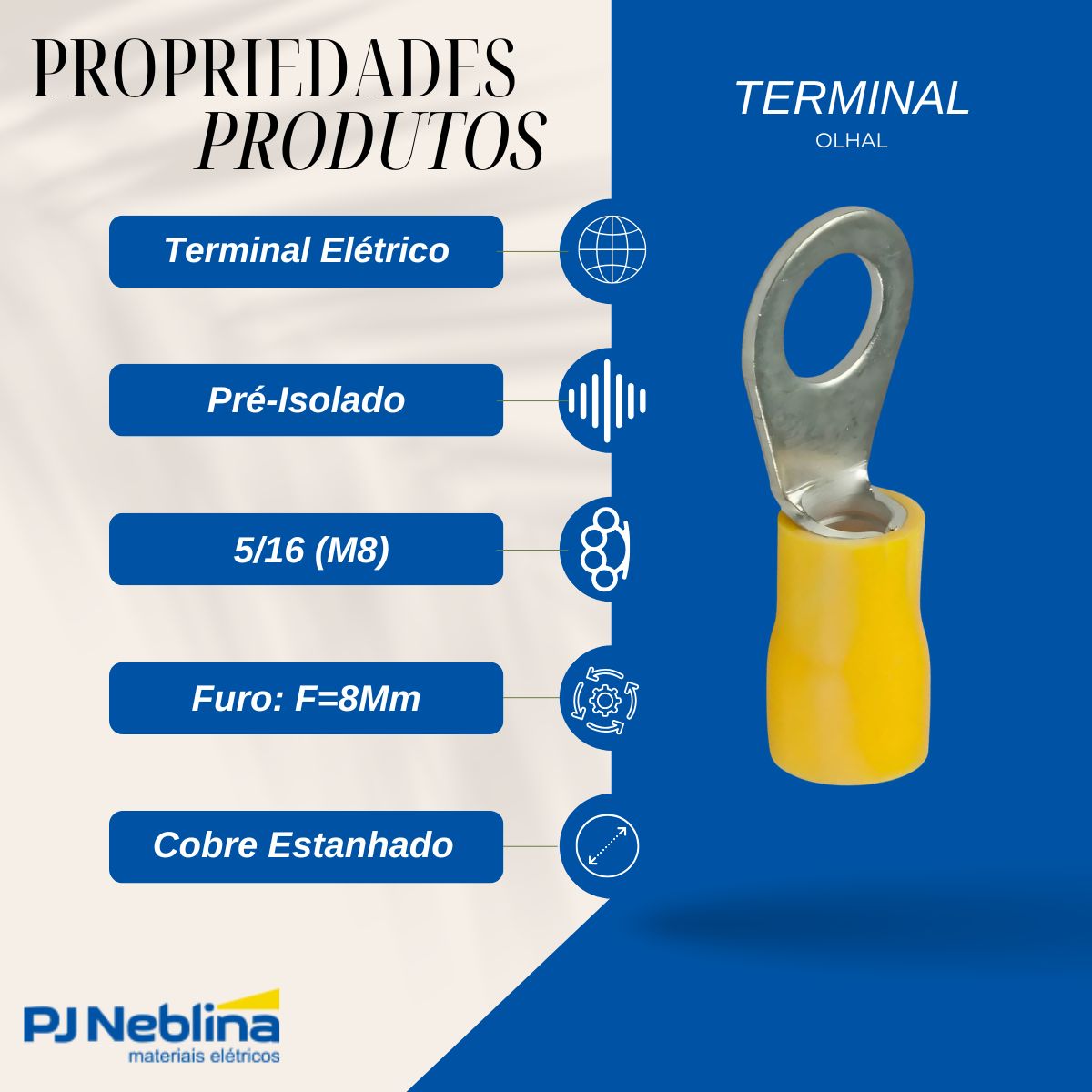 Terminal Olhal 4,00-6,00Mm (12-10Awg) Pré-Isolado Am 1 Furo F=8Mm 5/16 (M8) - Axt