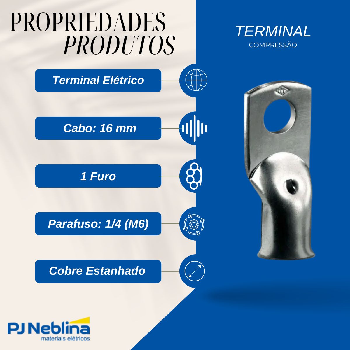 Terminal Compressao 16mm 2 Compr 1 Furo F=6,5mm 1/4 (m6)