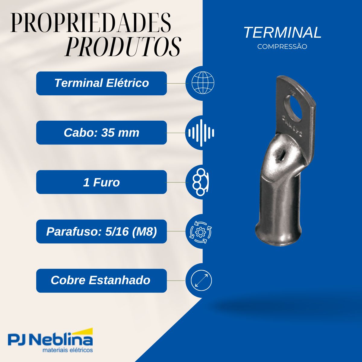 Terminal Compressao 35mm 2 Compr 1 Furo F=8,5mm 5/16 (m8)