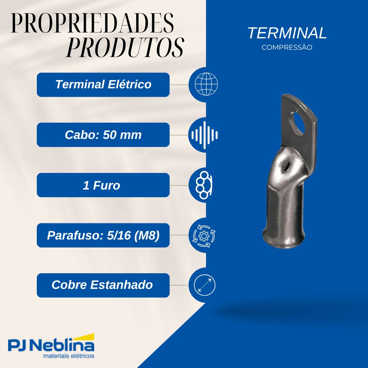 Terminal Compressao 50mm 2 Compr 1 Furo F=8,5mm 5/16 (m8)