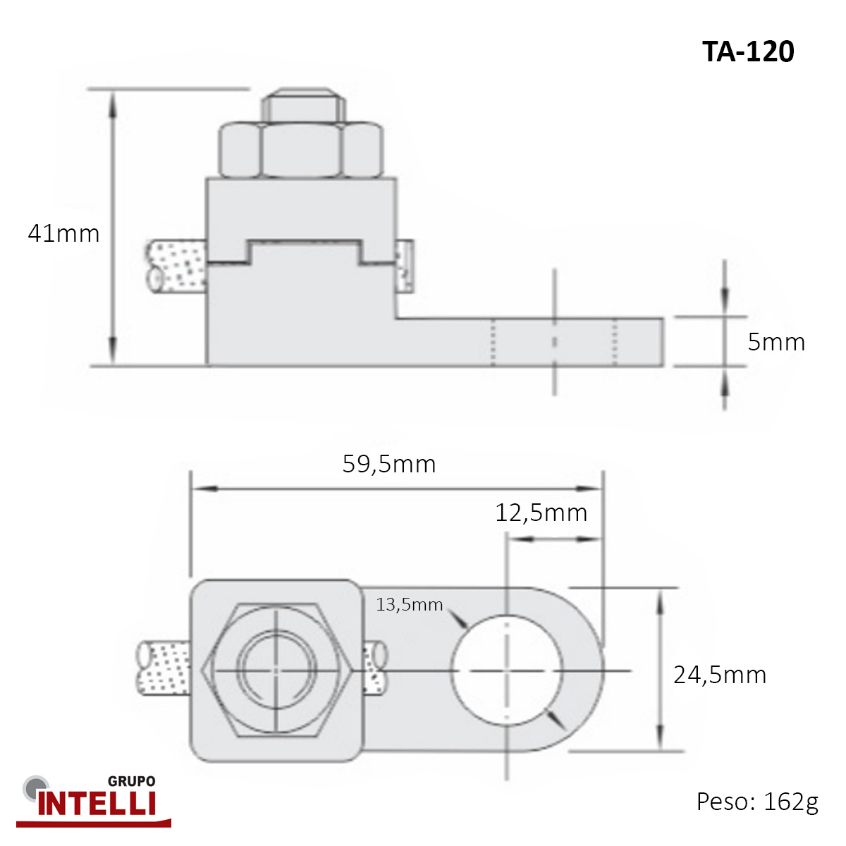 Terminal Pressão 1 Cabo 120Mm 1 Furo F=13,5Mm 1/2 Polegadas M12 Latão Ta-120 1909 Intelli