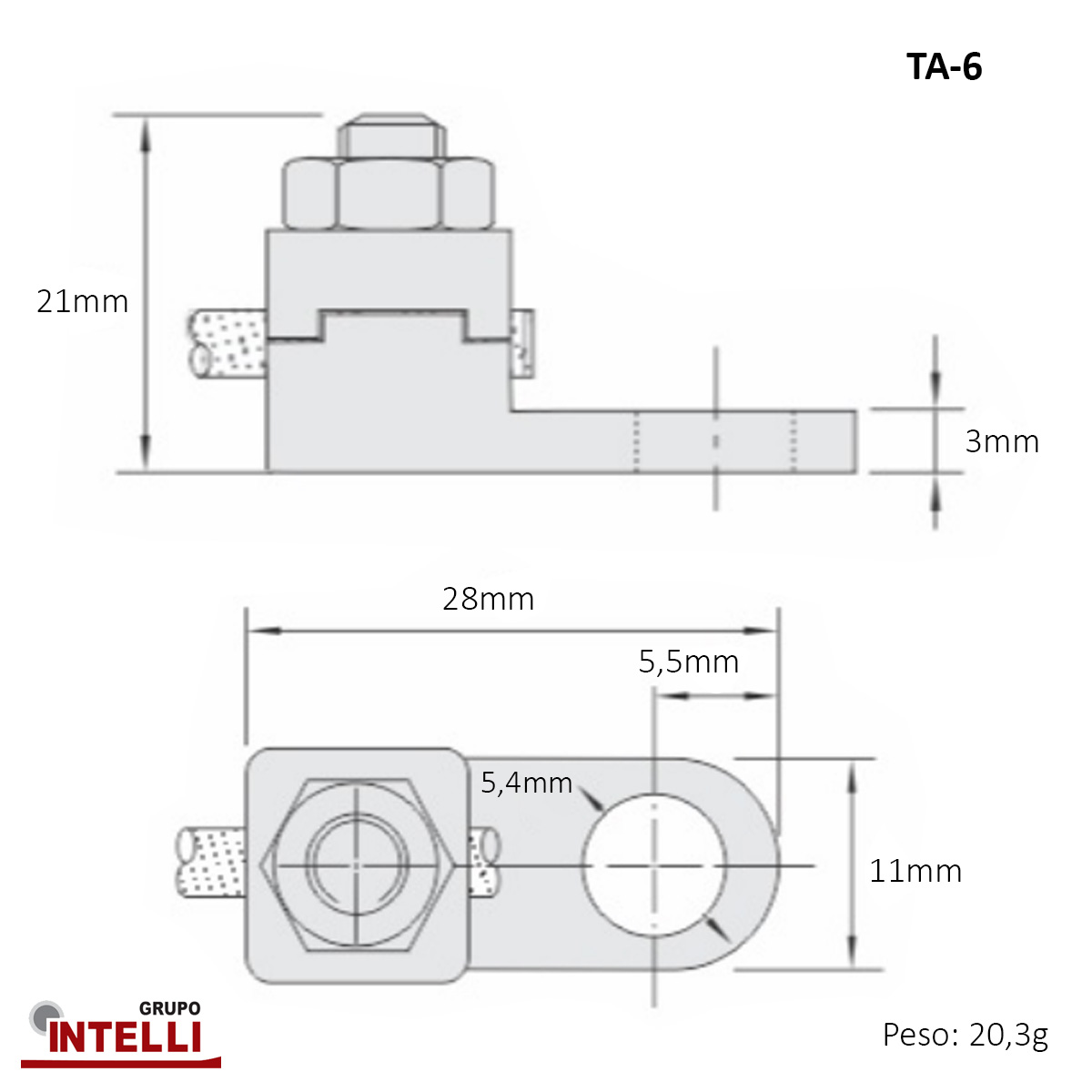 Terminal Pressão 1 Cabo 6Mm 1 Furo F=5,2Mm 3/16 (M5) 2846 Intelli