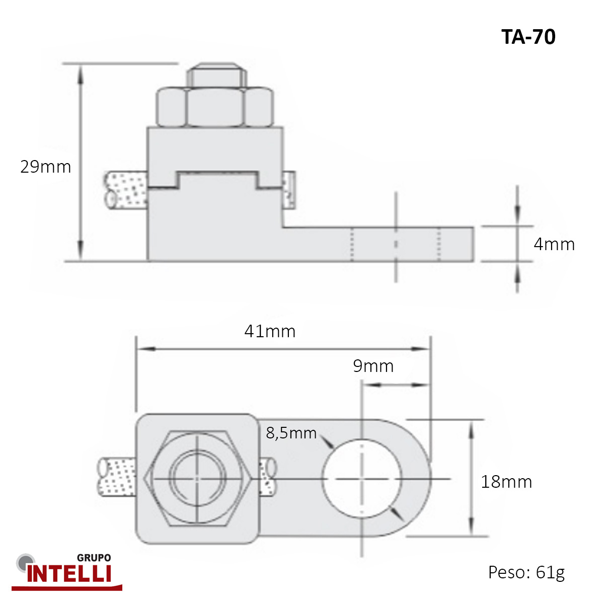Terminal Pressão 1 Cabo 70Mm 1 Furo F=8,5Mm 5/16 (M8) 1907 Intelli