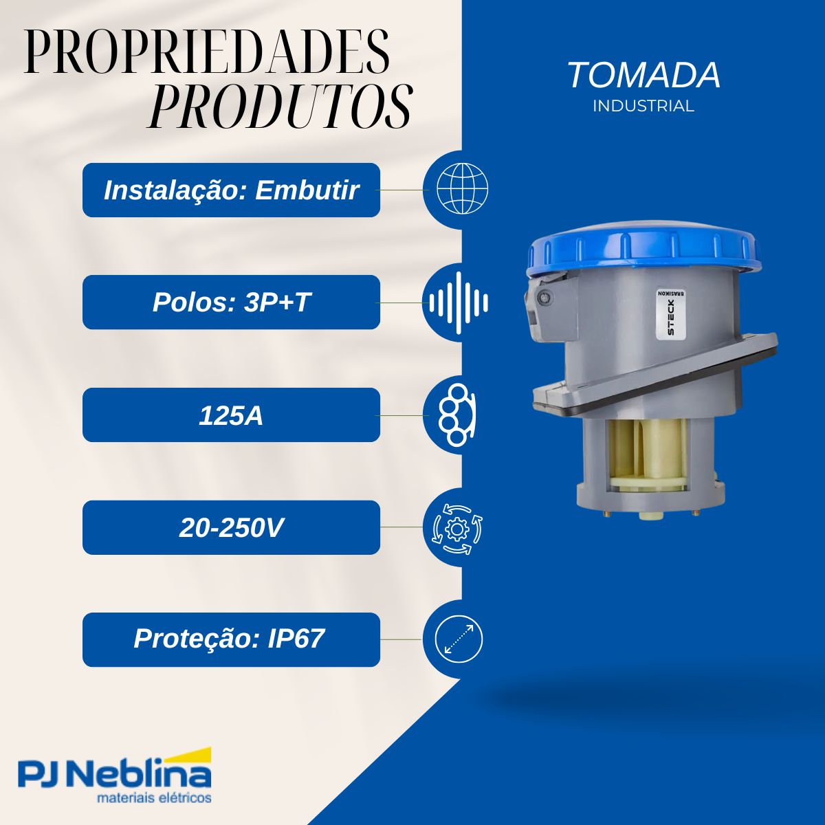Tomada Industrial Femea Embutir 3P+T 125A 200/250V Az 9H Ip67 - Steck