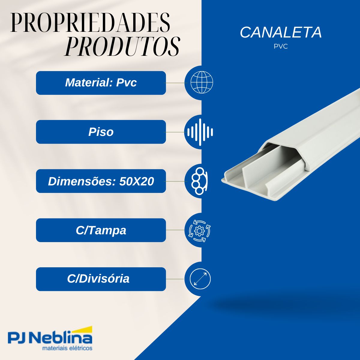 Canaleta Pvc Piso 50X20 (Br C/2M) Cz C/Tampa C/Divisória S/Adesivo - Dutoplast