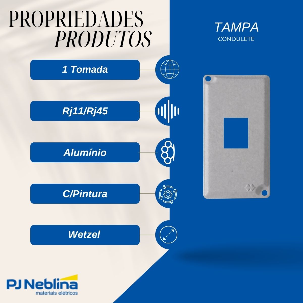 Tampa Condulete 1 Tom Rj11/Rj45 Alumínio 1/2-3/4 C/Pintura Cz S/Vedação - Wetzel