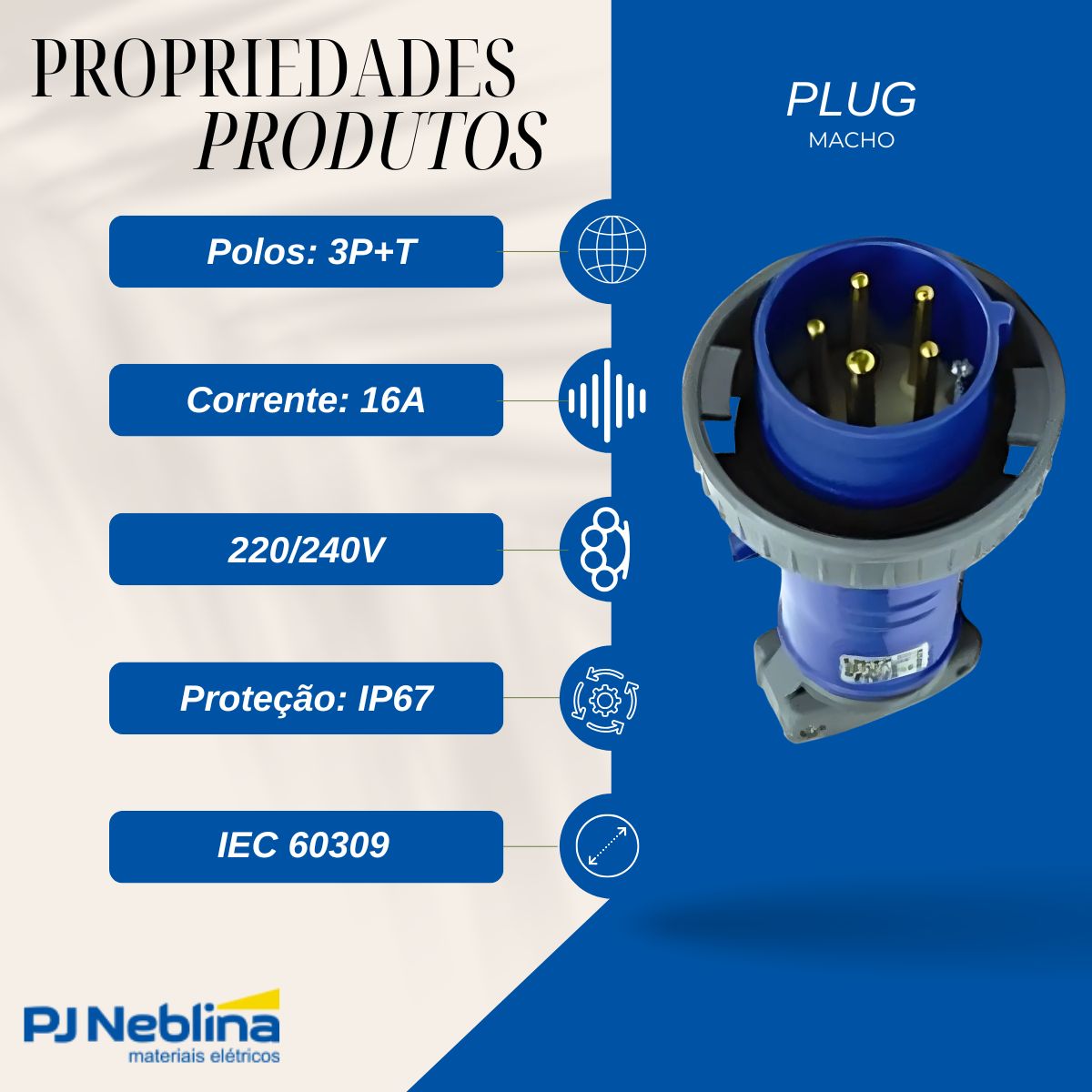 Plug Macho Prova D'água Poliamida 6.6 3P+T 16A 220/240V Az 9H Ip67 - Steck