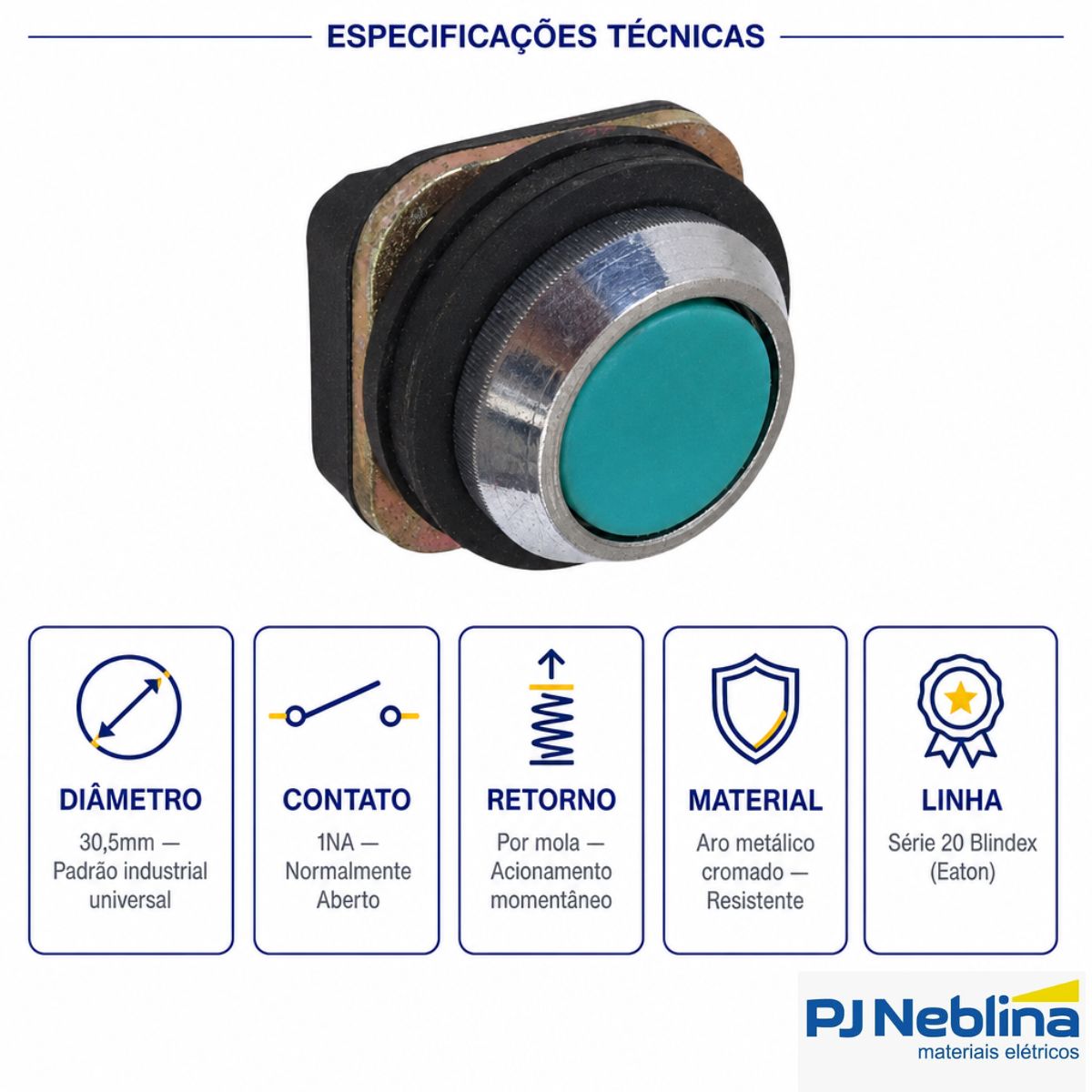 Botão Comando Pulsador Faceado Redondo 30,5Mm Metálico Verde 1Na - Blindex