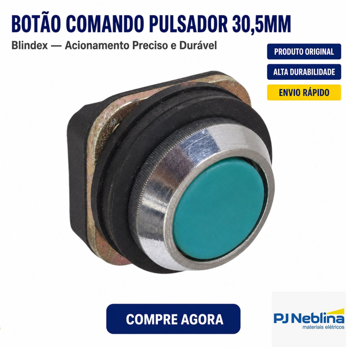 Botão Comando Pulsador Faceado Redondo 30,5Mm Metálico Verde 1Na - Blindex