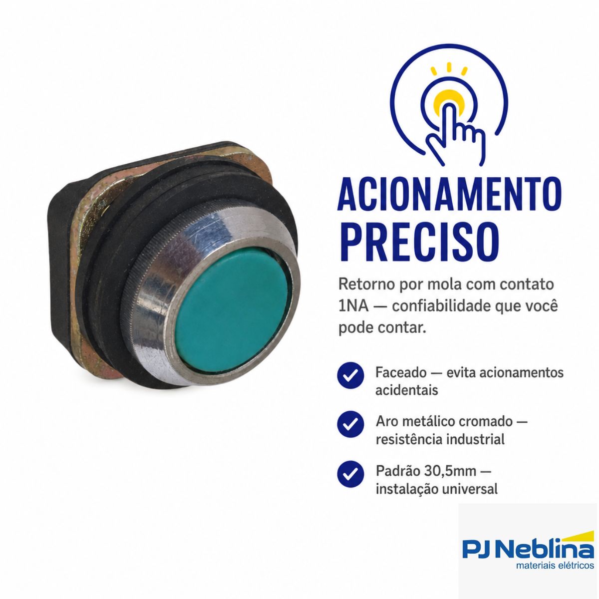 Botão Comando Pulsador Faceado Redondo 30,5Mm Metálico Verde 1Na - Blindex