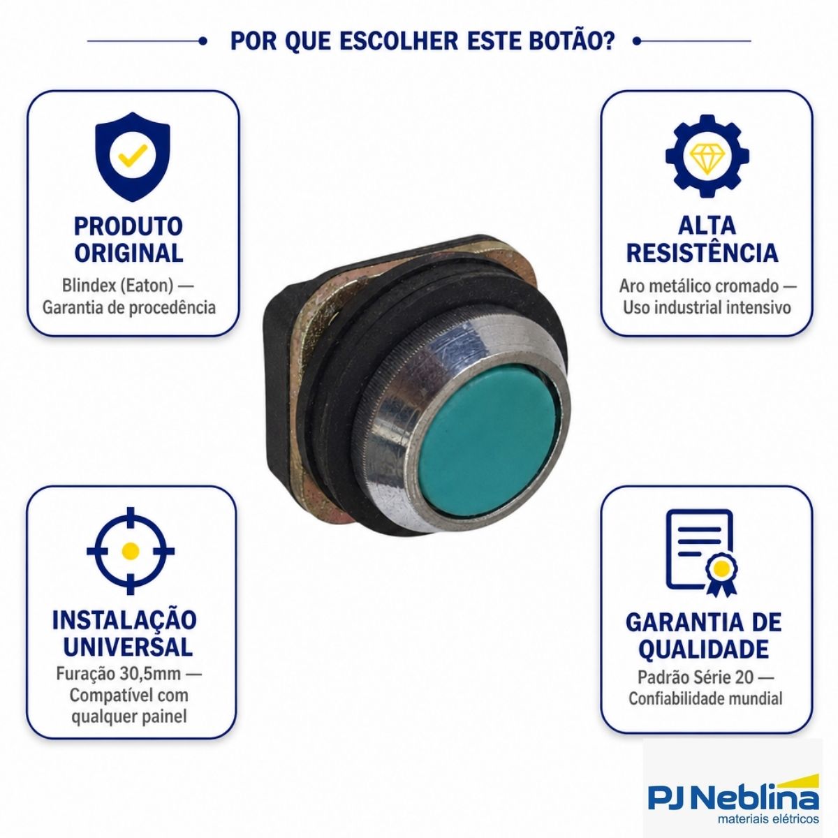 Botão Comando Pulsador Faceado Redondo 30,5Mm Metálico Verde 1Na - Blindex