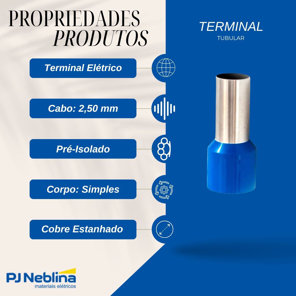 Terminal Tubular (Ilhos) 2,50 mm (14Awg) Pré-Isolado Azul - Axt