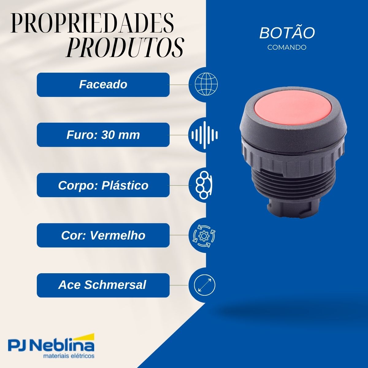 Botão Comando Pulsador Faceado Redondo 30 mm Plástico Vermelho - Ace Schmersal