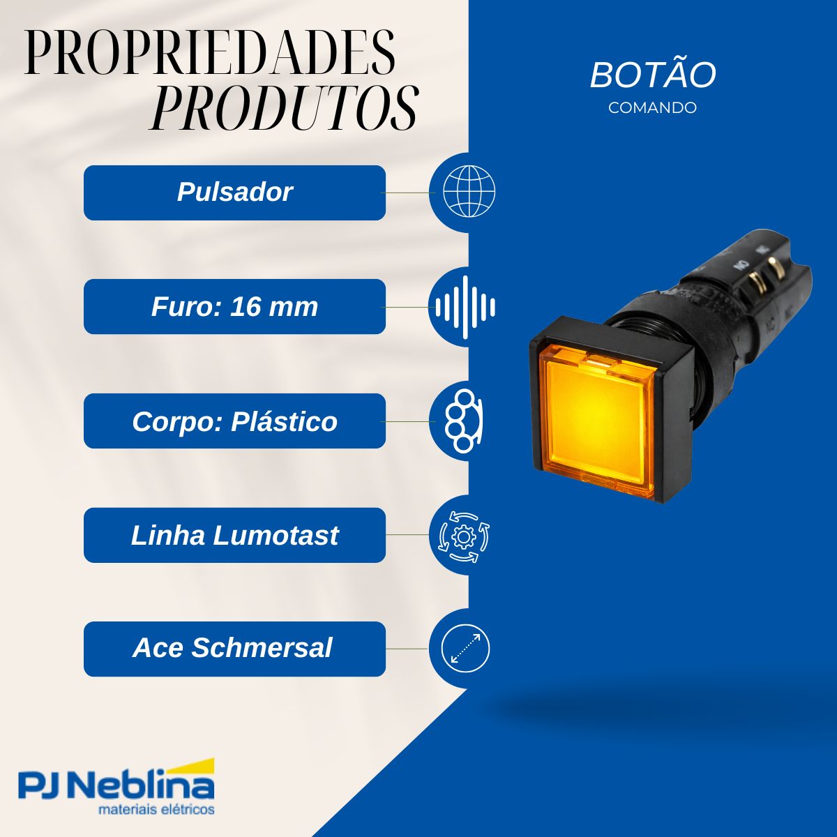 Botão Comando Pulsador Saliente Iluminado Quadrado 16 mm Plástico Amarelo 1Na+1Nf C/Retenção - Ace Schmersal