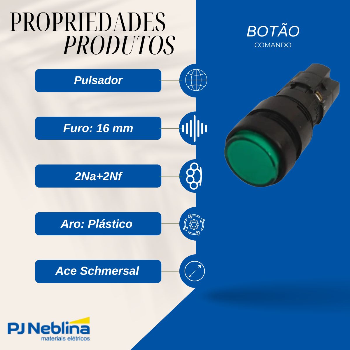 Botão Comando Pulsador Saliente Iluminado Redondo 16 mm Plástico Verde 2Na+2Nf - Ace Schmersal