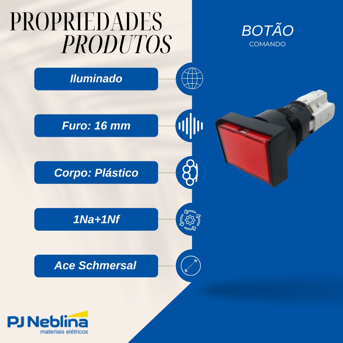 Botão Comando Pulsador Faceado Iluminado Retangular 16 mm Plástico Vermelho 1Na+1Nf - Ace Schmersal