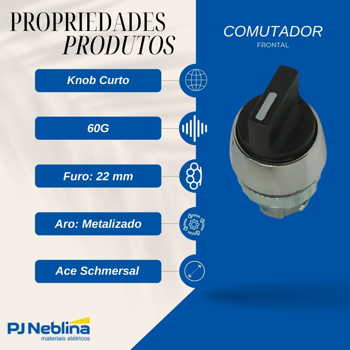 Frontal Comutador Knob Curto 2 Pos Fixas 60G 22 mm Zamak Preto - Ace Schmersal