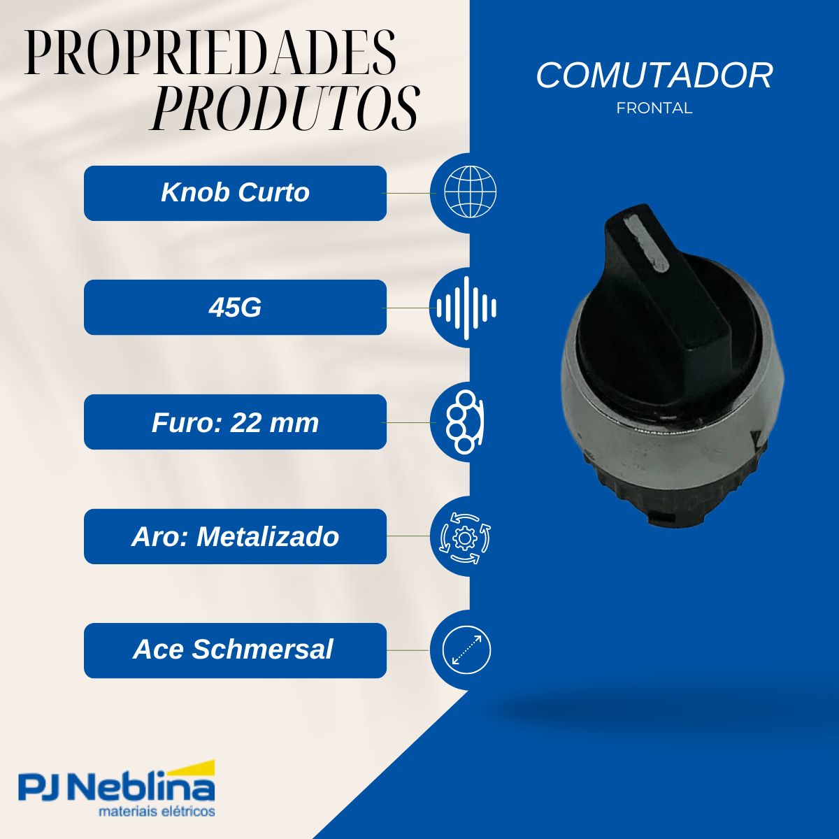 Frontal Comutador Knob Curto 2 Pos Ret 45G 22 mm Plástico Preto - Ace Schmersal