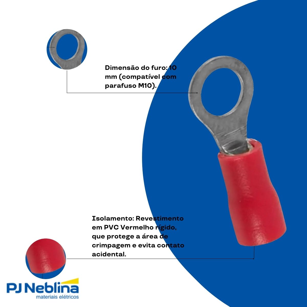 Terminal Olhal 10Mm (8Awg) Pre-Isolado Vermelho 1 Furo F=10Mm 3/8 (M10) Eletrokits