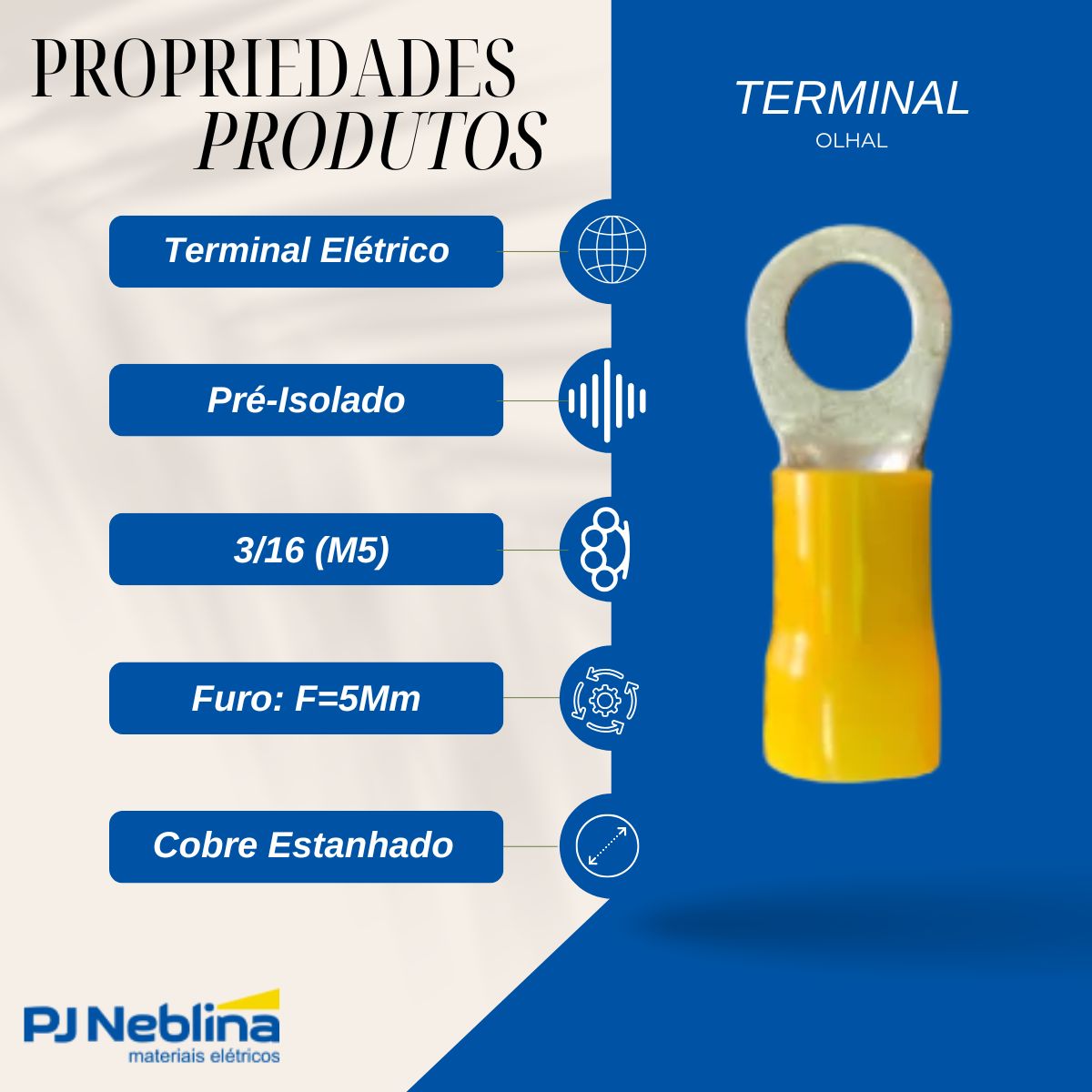 Terminal Olhal 4,00-6,00Mm (12-10Awg) Pré-Isolado Amarelo 1 Furo F=5Mm 3/16 (M5) - Axt
