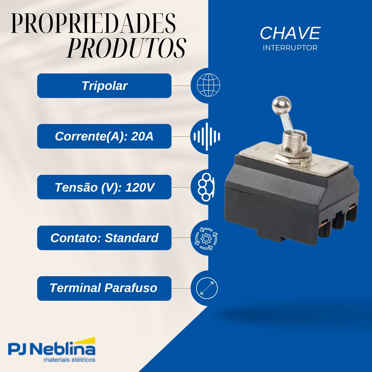 Chave Interruptor Alavanca Metálica Tripolar Liga/Desliga 20A 120V Cromada Standard Terminal Parafuso - Margirius