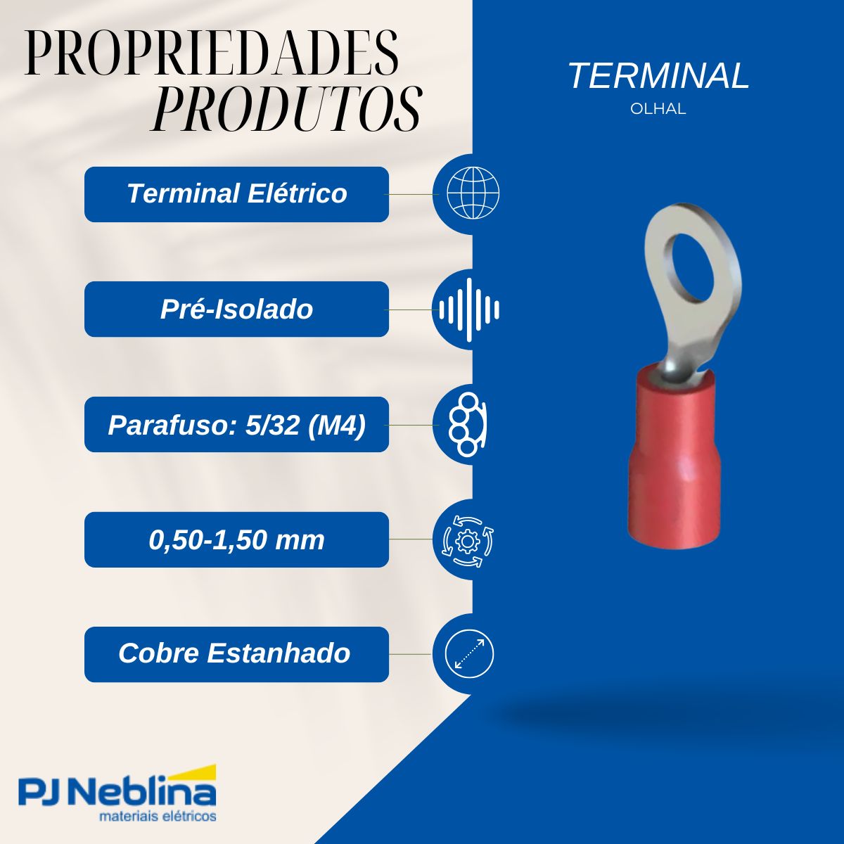 Terminal Olhal 0,50-1,50mm (22-16awg) Pre-isolado Vm 1 Furo