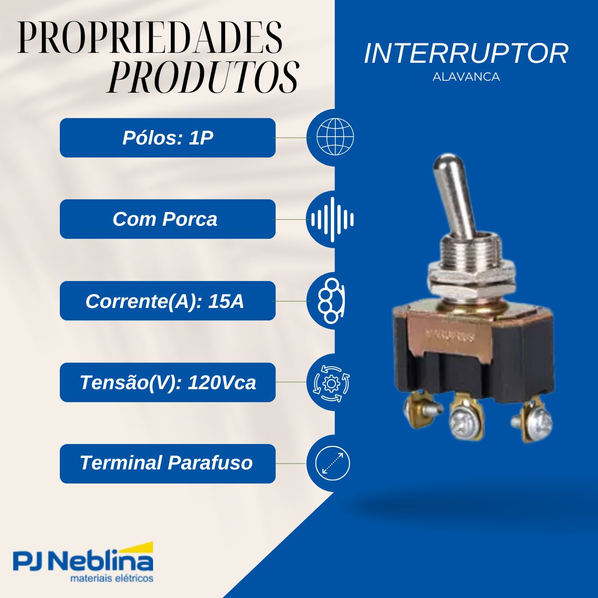 Interruptor Alavanca Metal Liga/Desliga Com Porca 15A 120Vca 1P Terminal Parafuso Cpd-1918 - Margirius