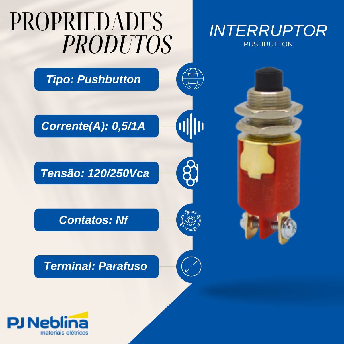 Interruptor Pushbutton Com Porca 0,5/1A 120/250Vca Nf Vermelho/Preto Cpd-206 - Margirius