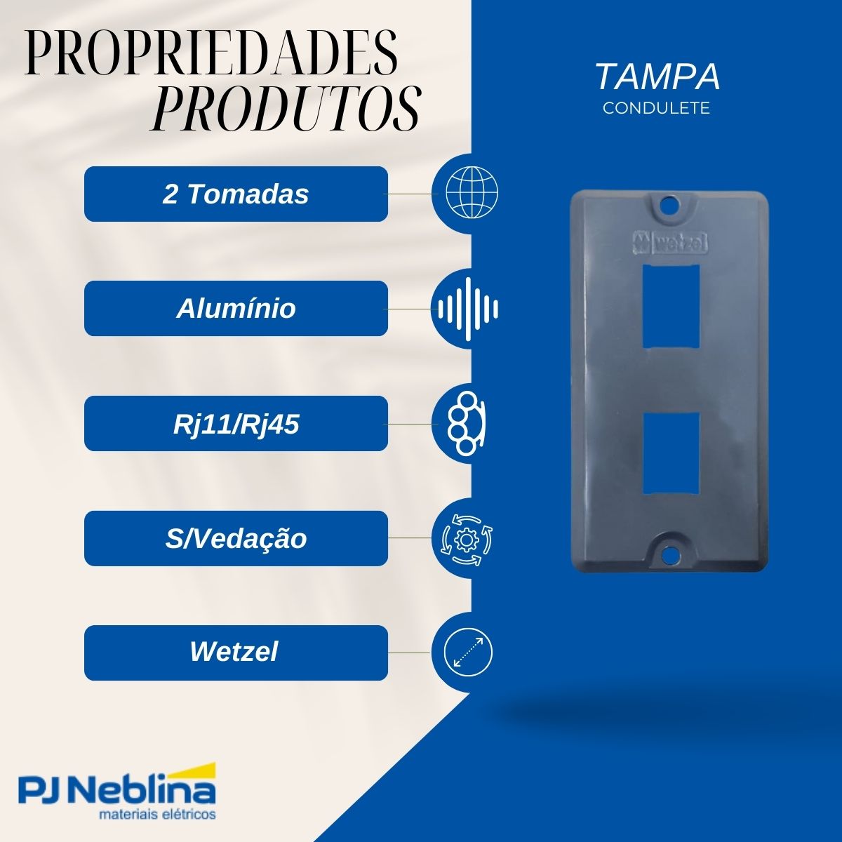 Tampa Condulete 2 Tom Rj11/Rj45 Alumínio 1Pol C/Pintura Cinza S/Vedação - Wetzel