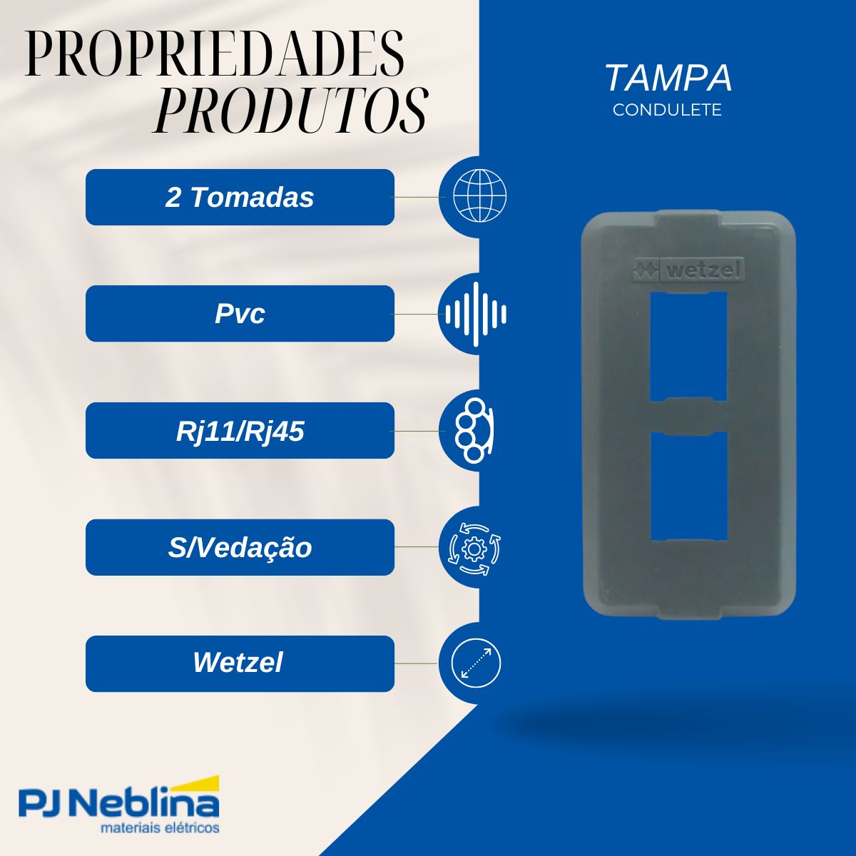 Tampa Condulete 2 Tom Rj11/Rj45 Pvc 1/2-3/4 Cinza S/Vedação - Wetzel