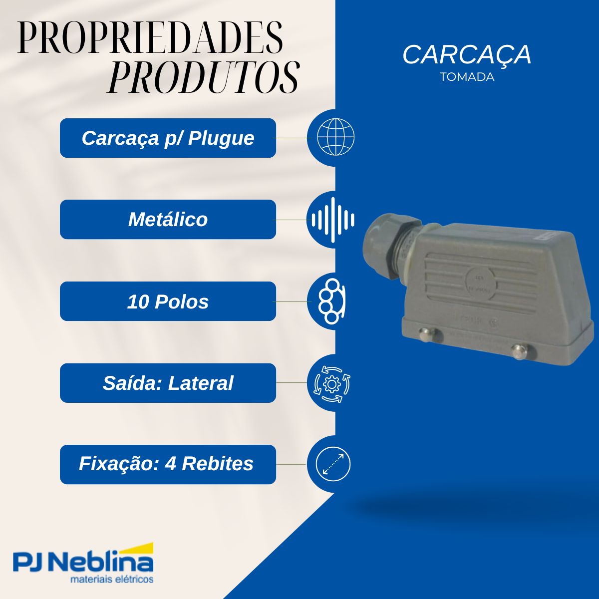 Carcaça Tomada Multipolar Plugue 10P Metálico Cinza Lateral 4 Rebites - Steck