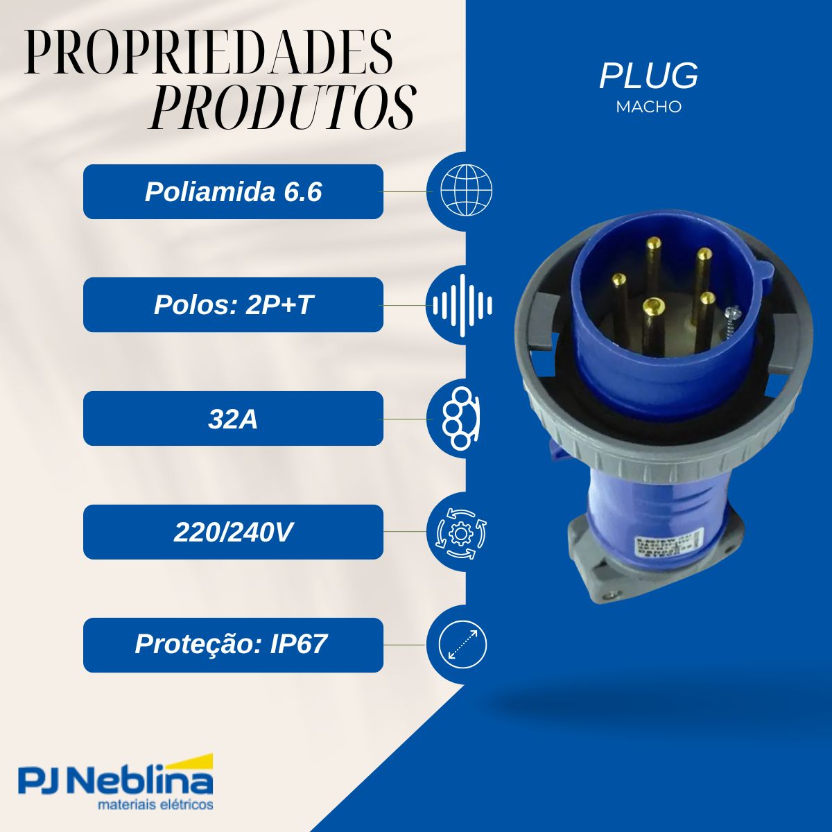 Plug Macho Prova D'água Poliamida 6.6 2P+T 32A 220/240V Az 6H Ip67 - Steck